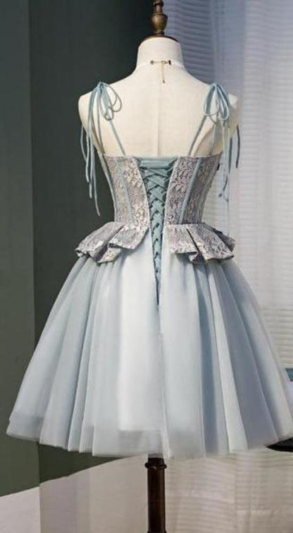 Dusty Blue Short Homecoming Dresses Lace Appliced Party Dress SD1380-Homecoming Dresses 2025 -VINIODRESS-US2-Dusty Blue-Short