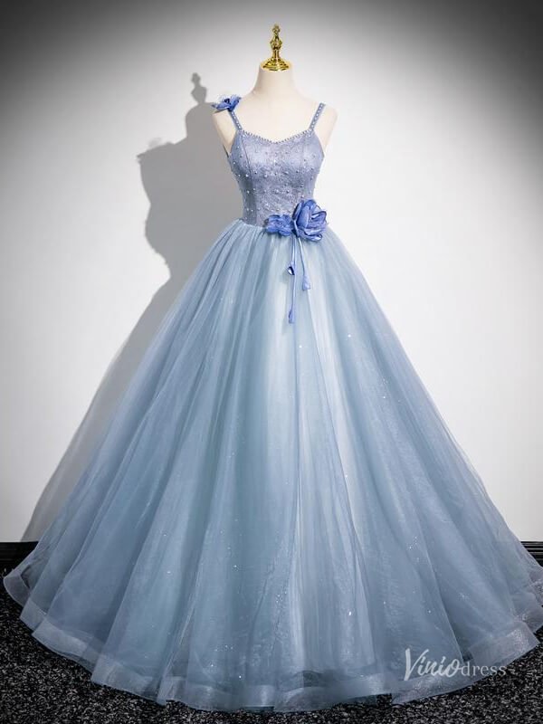 Dusty Blue Spaghetti Strap Prom Ball Gown 3D Flower Sparkly Quinceanera Dresses BG037-prom dresses 2025 -Viniodress-Dusty Blue-Custom Size-