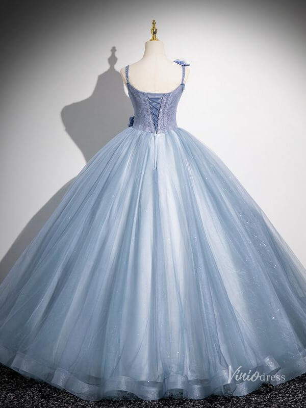 Prom Dress 2025 Dusty Blue Spaghetti Strap Prom Ball Gown 3D Flower Sparkly Quinceanera Dresses BG037-unique prom dresses-Dusty Blue-Custom Size-Viniodress