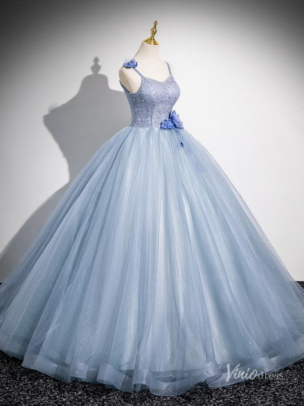 Prom Dress 2025 Dusty Blue Spaghetti Strap Prom Ball Gown 3D Flower Sparkly Quinceanera Dresses BG037-unique prom dresses-Dusty Blue-Custom Size-Viniodress