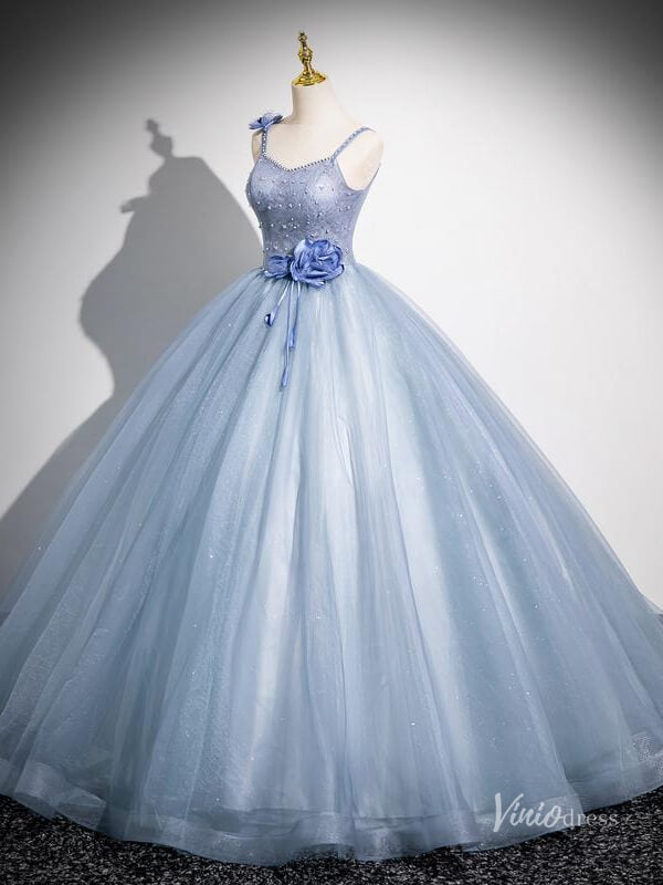 Prom Dress 2025 Dusty Blue Spaghetti Strap Prom Ball Gown 3D Flower Sparkly Quinceanera Dresses BG037-unique prom dresses-Dusty Blue-Custom Size-Viniodress