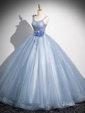 Prom Dress 2025 Dusty Blue Spaghetti Strap Prom Ball Gown 3D Flower Sparkly Quinceanera Dresses BG037-unique prom dresses-Dusty Blue-Custom Size-Viniodress