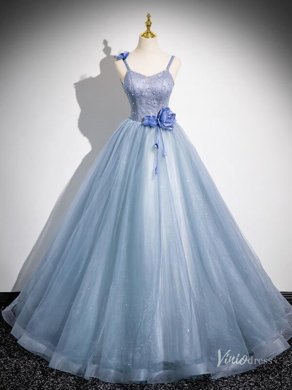 Prom Dress 2025 Dusty Blue Spaghetti Strap Prom Ball Gown 3D Flower Sparkly Quinceanera Dresses BG037-unique prom dresses-Dusty Blue-Custom Size-Viniodress