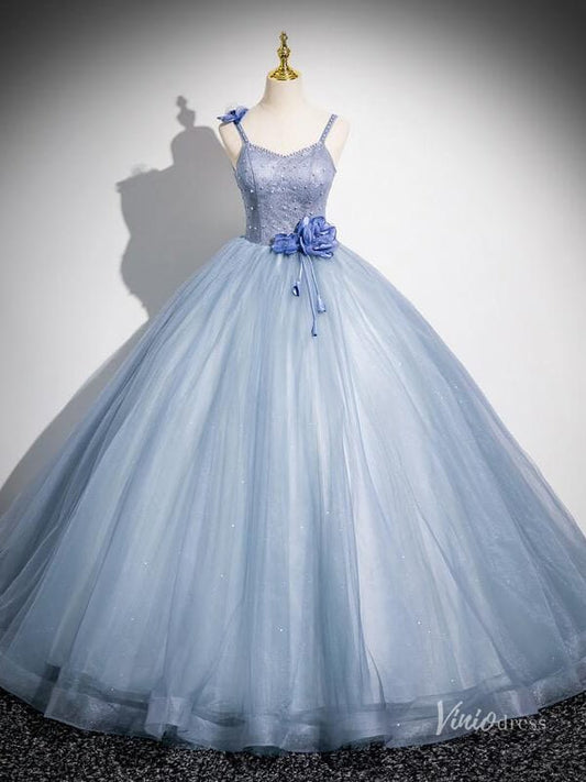 Dusty Blue Spaghetti Strap Prom Ball Gown 3D Flower Sparkly Quinceanera Dresses BG037 - Viniodressprom dressesDusty BlueCustom Size - Formal Dresses - Ball Gowns