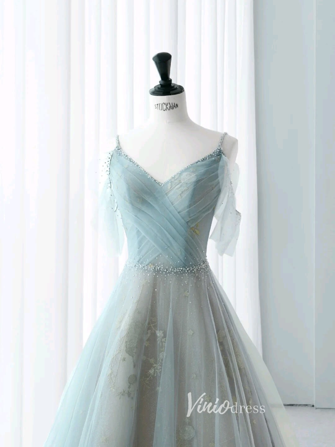 Dusty Blue Spaghetti Strap Prom Dresses Sparkly Tulle Formal Dress AD1039-prom dresses 2025 -Viniodress-Dusty Blue-Custom Size-