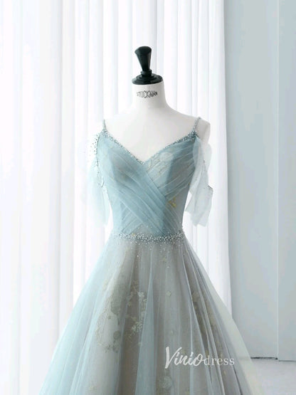 Dusty Blue Spaghetti Strap Prom Dresses Sparkly Tulle Formal Dress AD1039-prom dresses 2025 -Viniodress-Dusty Blue-Custom Size-