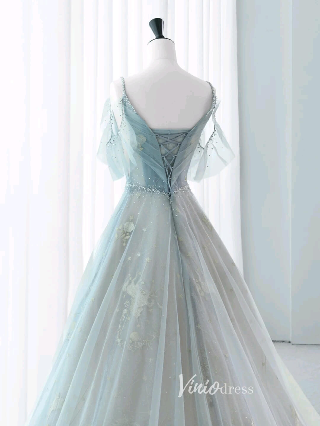 Dusty Blue Spaghetti Strap Prom Dresses Sparkly Tulle Formal Dress AD1039-prom dresses 2025 -Viniodress-Dusty Blue-Custom Size-