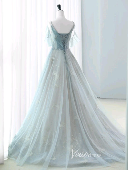 Dusty Blue Spaghetti Strap Prom Dresses Sparkly Tulle Formal Dress AD1039-prom dresses 2025 -Viniodress-Dusty Blue-Custom Size-