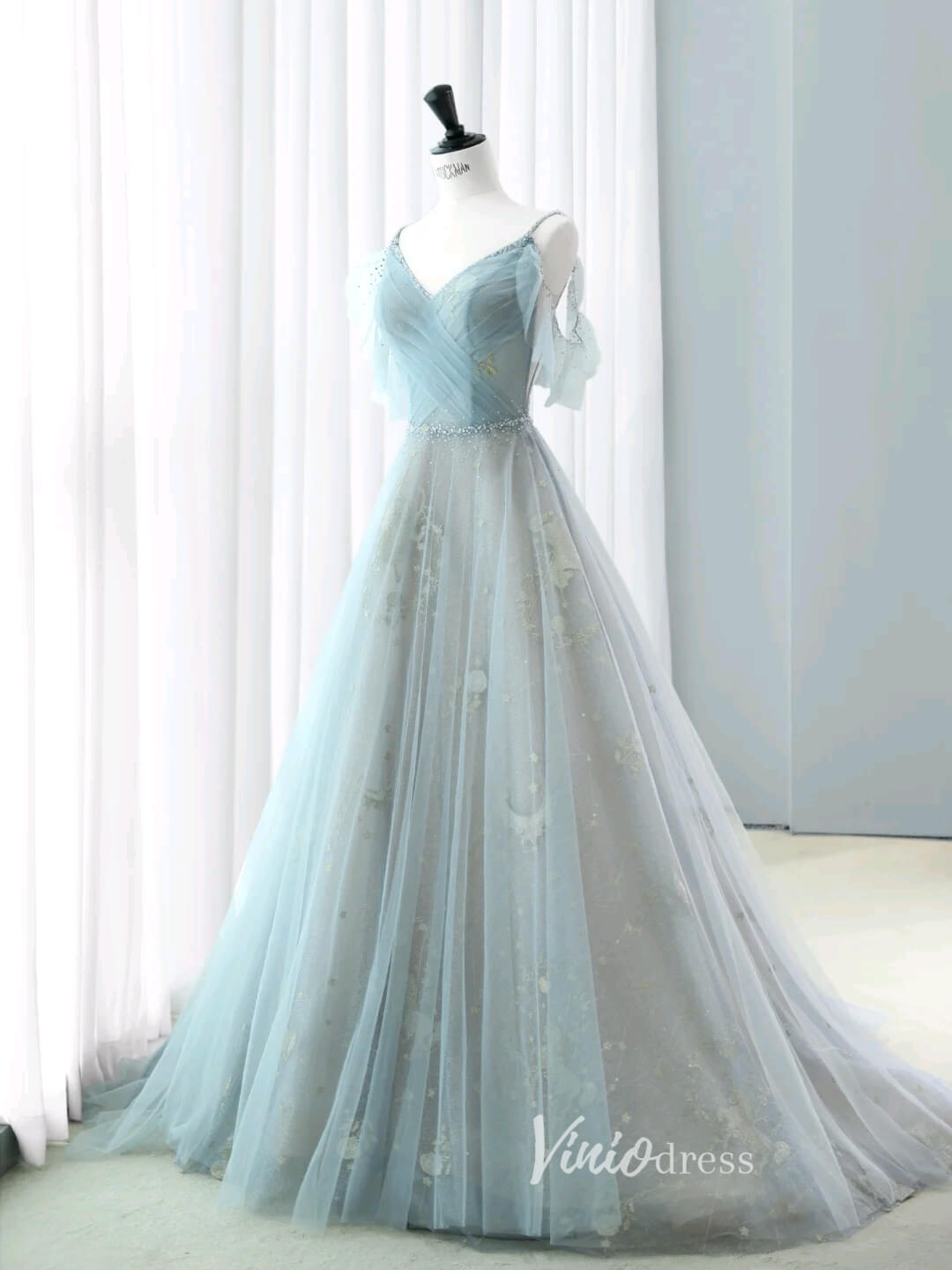 Dusty Blue Spaghetti Strap Prom Dresses Sparkly Tulle Formal Dress AD1039-prom dresses 2025 -Viniodress-Dusty Blue-Custom Size-