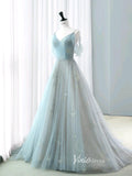 Dusty Blue Spaghetti Strap Prom Dresses Sparkly Tulle Formal Dress AD1039