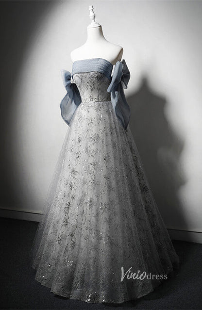 Dusty Blue Sparkly Lace Prom Dresses Off the Shoulder Formal Dress AD1228-prom dresses 2025 -Viniodress-Dusty Blue-Custom Size-