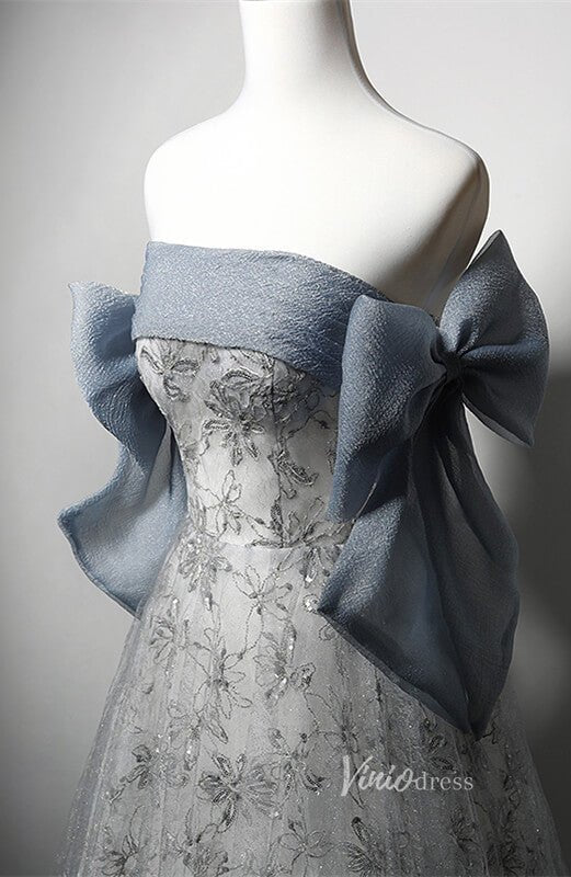 Dusty Blue Sparkly Lace Prom Dresses Off the Shoulder Formal Dress AD1228-prom dresses 2025 -Viniodress-Dusty Blue-Custom Size-