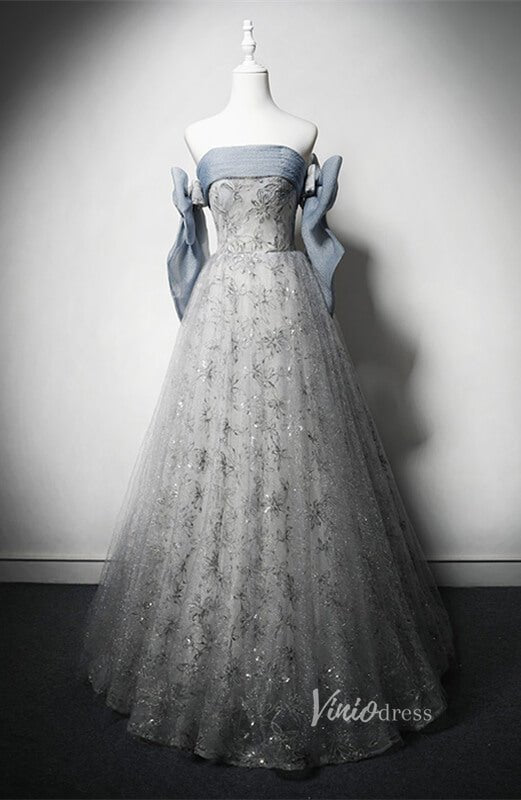 Dusty Blue Sparkly Lace Prom Dresses Off the Shoulder Formal Dress AD1228 - Viniodressprom dressesDusty BlueCustom Size - Formal Dresses - Ball Gowns