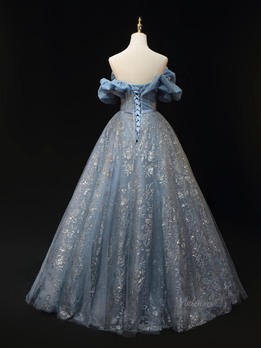 Dusty Blue Sparkly Lace Prom Dresses with Beaded Bodice, Ruffle, Off the Shoulder Quinceanera Dresses SU017-prom dresses 2025 -Viniodress-Blue-Custom Size-