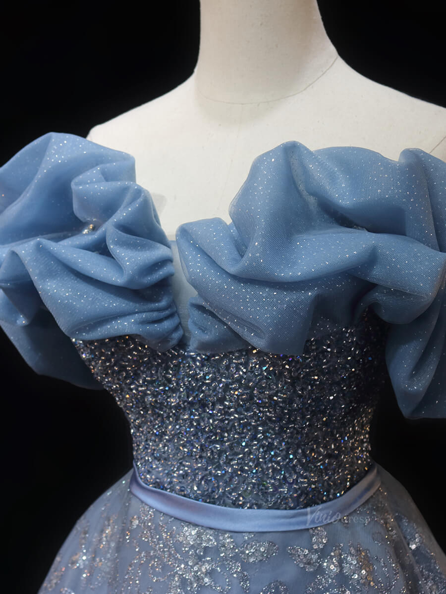Dusty Blue Sparkly Lace Prom Dresses with Beaded Bodice, Ruffle, Off the Shoulder Quinceanera Dresses SU017-prom dresses 2025 -Viniodress-Blue-Custom Size-