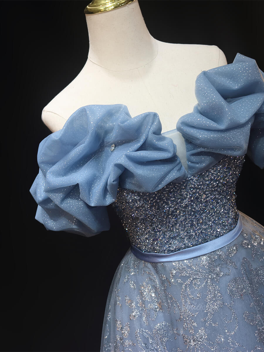 Dusty Blue Sparkly Lace Prom Dresses with Beaded Bodice, Ruffle, Off the Shoulder Quinceanera Dresses SU017-prom dresses 2025 -Viniodress-Blue-Custom Size-