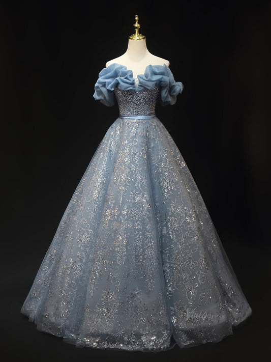 Dusty Blue Sparkly Lace Prom Dresses with Beaded Bodice, Ruffle, Off the Shoulder Quinceanera Dresses SU017-prom dresses 2025 -Viniodress-Blue-Custom Size-