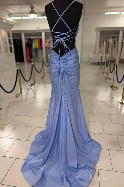 Dusty Blue Sparkly Mermaid Prom Dress with Spaghetti Straps & Lace-Up Back – SS169-prom dresses 2026-Viniodress-Dusty Blue-Custom Size-