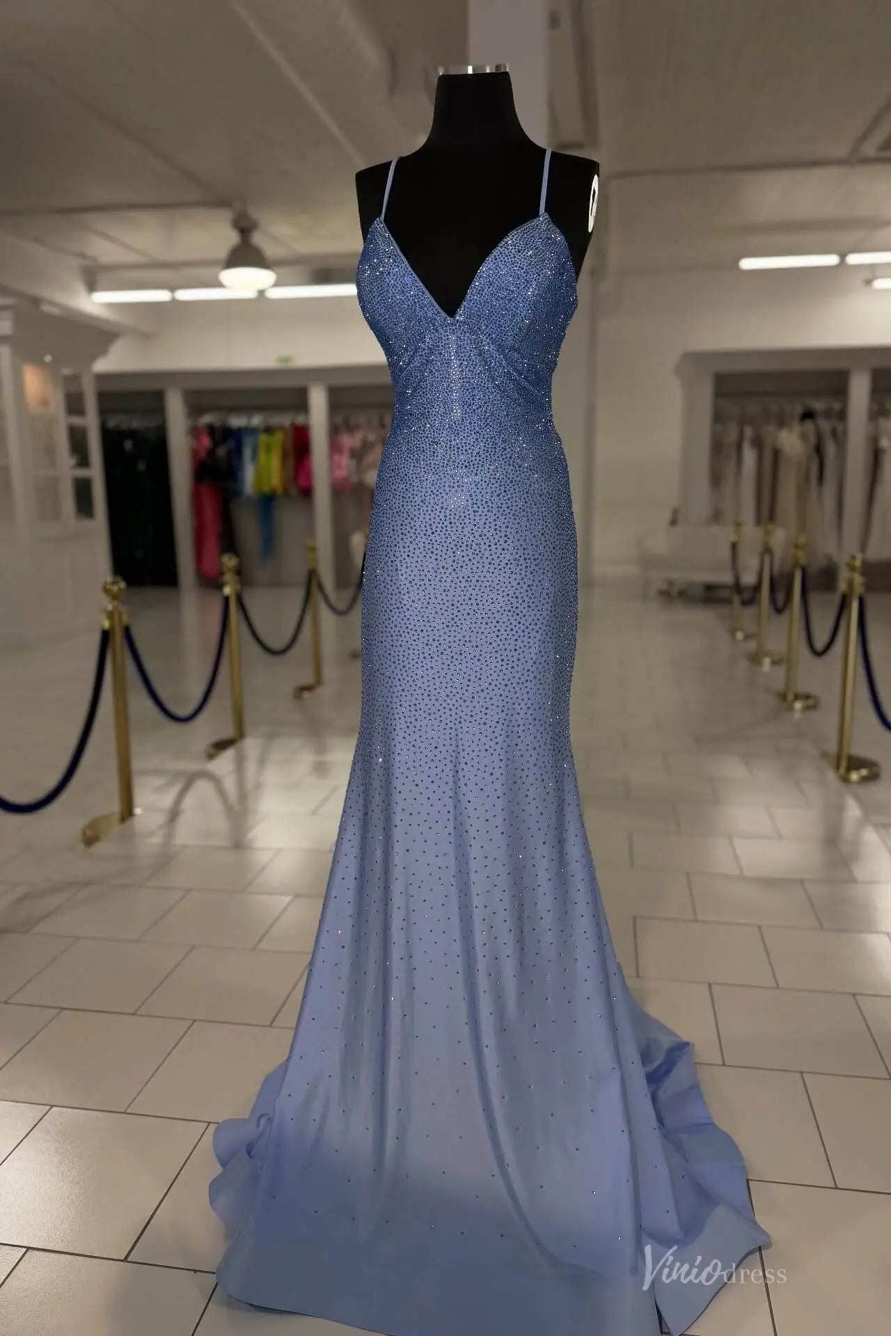 Dusty Blue Sparkly Mermaid Prom Dress with Spaghetti Straps & Lace-Up Back – SS169