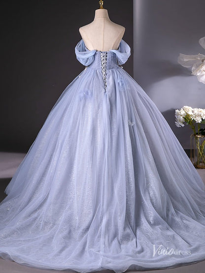 Dusty Blue Sparkly Off the Shoulder Prom Ball Gown Pearl Bow Tie Quinceanera Dresses BG015-prom dresses 2025 -Viniodress-Dusty Blue-Custom Size-