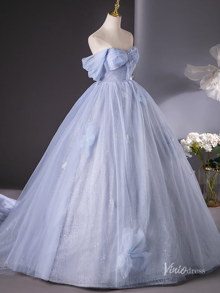 Dusty Blue Sparkly Off the Shoulder Prom Ball Gown Pearl Bow Tie Quinceanera Dresses BG015-prom dresses 2025 -Viniodress-Dusty Blue-Custom Size-