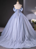 Prom Dress 2025 Dusty Blue Sparkly Off the Shoulder Prom Ball Gown Pearl Bow Tie Quinceanera Dresses BG015-unique prom dresses-Dusty Blue-Custom Size-Viniodress