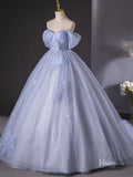 Prom Dress 2025 Dusty Blue Sparkly Off the Shoulder Prom Ball Gown Pearl Bow Tie Quinceanera Dresses BG015-unique prom dresses-Dusty Blue-Custom Size-Viniodress