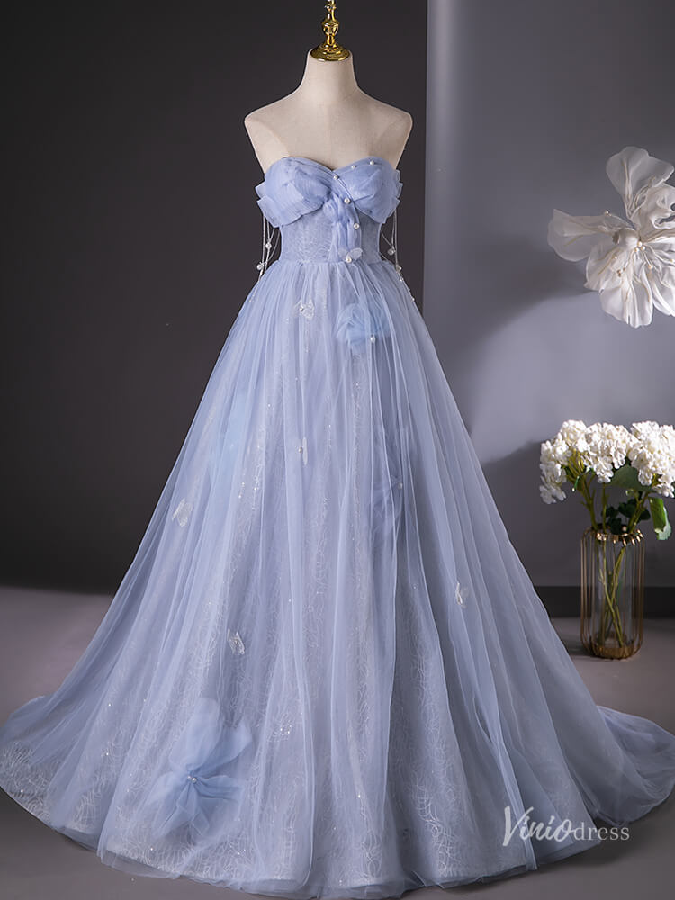 Prom Dress 2025 Dusty Blue Sparkly Off the Shoulder Prom Ball Gown Pearl Bow Tie Quinceanera Dresses BG015-unique prom dresses-Dusty Blue-Custom Size-Viniodress