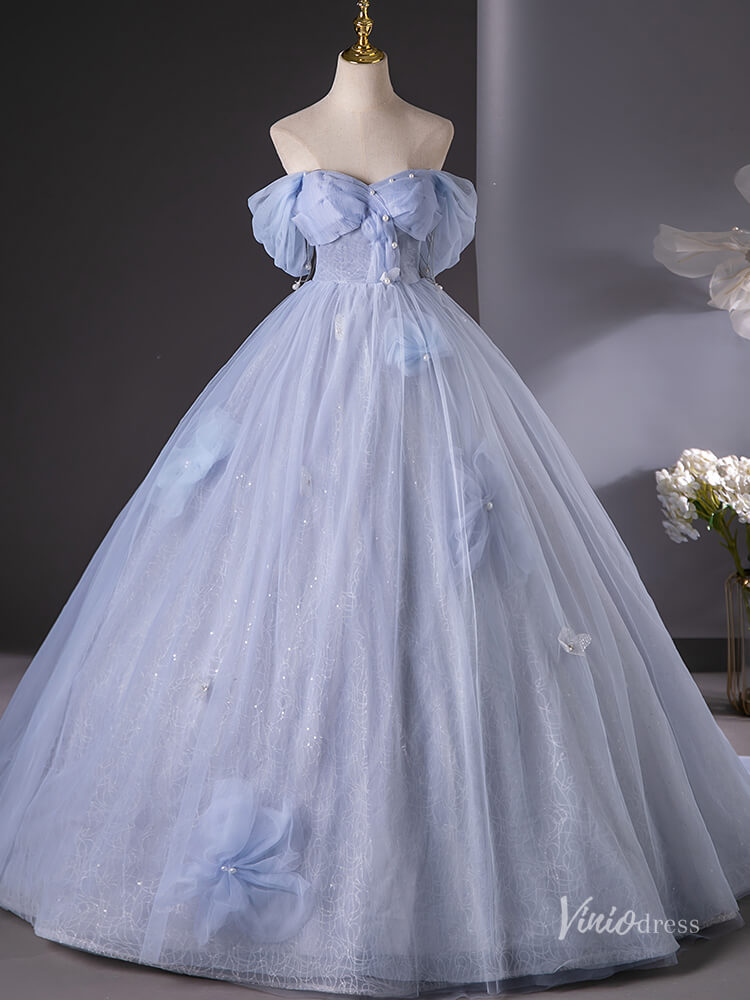 Prom Dress 2025 Dusty Blue Sparkly Off the Shoulder Prom Ball Gown Pearl Bow Tie Quinceanera Dresses BG015-unique prom dresses-Dusty Blue-Custom Size-Viniodress