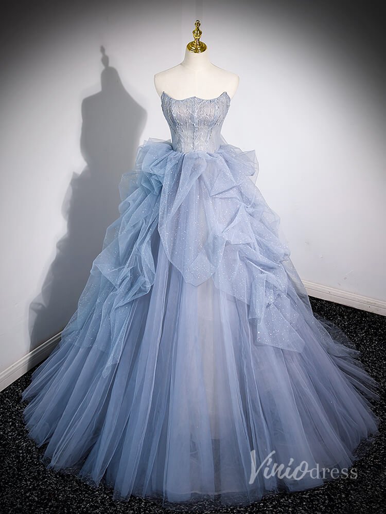 Dusty Blue Sparkly Tiered Tulle Prom Dresses Removable Puffed Sleeve 90040-prom dresses 2025 -Viniodress-Dusty Blue-Custom Size-