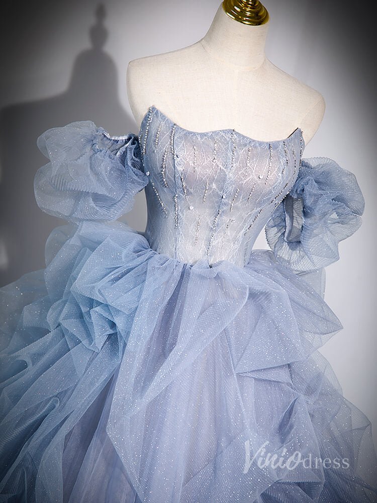 Dusty Blue Sparkly Tiered Tulle Prom Dresses Removable Puffed Sleeve 90040-prom dresses 2025 -Viniodress-Dusty Blue-Custom Size-