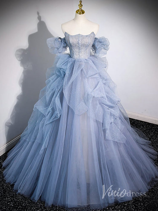 Dusty Blue Sparkly Tiered Tulle Prom Dresses Removable Puffed Sleeve 90040 - Viniodressprom dressesDusty BlueCustom Size - Formal Dresses - Ball Gowns