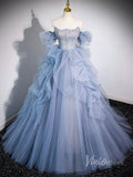 Dusty Blue Sparkly Tiered Tulle Prom Dresses Removable Puffed Sleeve 90040