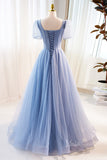 Dusty Blue Sparkly Tulle Cheap Prom Dresses Beaded Bodice Puffed Sleeve 90060-prom dresses-Viniodress-Viniodress