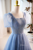 Dusty Blue Sparkly Tulle Cheap Prom Dresses Beaded Bodice Puffed Sleeve 90060-prom dresses-Viniodress-Viniodress