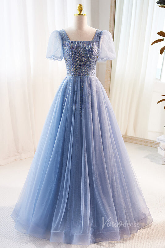 Dusty Blue Sparkly Tulle Cheap Prom Dresses Beaded Bodice Puffed Sleeve 90060-prom dresses-Viniodress-Dusty Blue-Custom Size-Viniodress