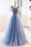 Dusty Blue Sparkly Tulle Cheap Prom Dresses Beaded Bodice Puffed Sleeve 90060
