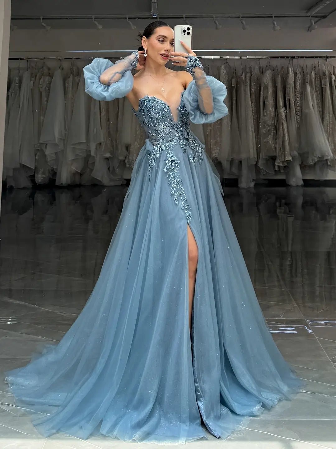 Dusty Blue Sparkly Tulle Lace Prom Dress with Puffed Sleeve, Sweetheart Neckline & Slit - FD6091-prom dresses 2025 -Viniodress-Blue-Custom Size-