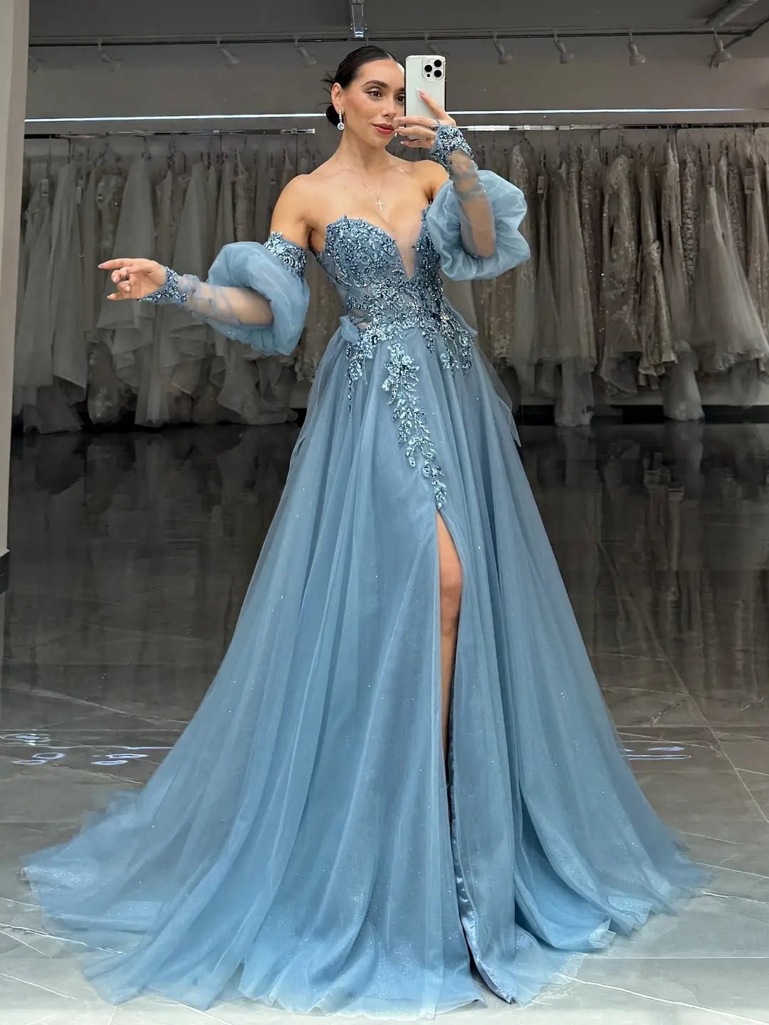 Dusty Blue Sparkly Tulle Lace Prom Dress with Puffed Sleeve, Sweetheart Neckline & Slit - FD6091-prom dresses 2025 -Viniodress-Blue-Custom Size-