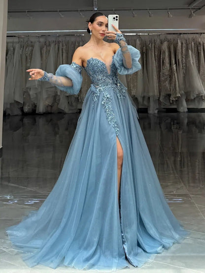 Dusty Blue Sparkly Tulle Lace Prom Dress with Puffed Sleeve, Sweetheart Neckline & Slit - FD6091-prom dresses 2025 -Viniodress-Blue-Custom Size-