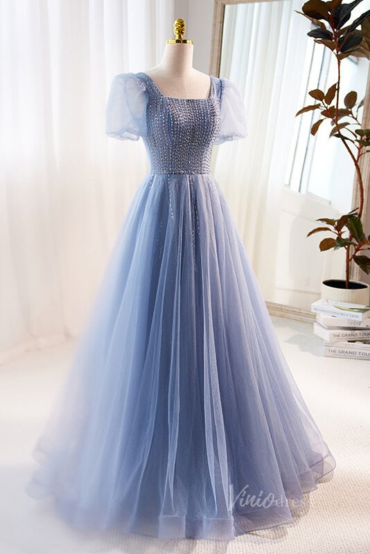 Dusty Blue Sparkly Tulle Prom Dresses Beaded Bodice Puffed Sleeve 90060-prom dresses 2025 -Viniodress-Dusty Blue-Custom Size-