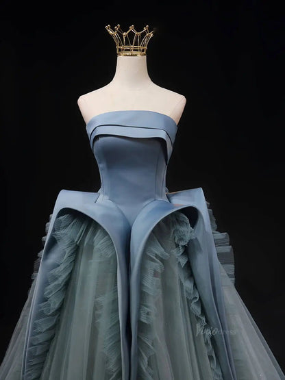 Dusty Blue Sparkly Tulle Prom Dresses Ruffled Strapless Formal Gown SU059-prom dresses 2025 -Viniodress-Blue-Custom Size-