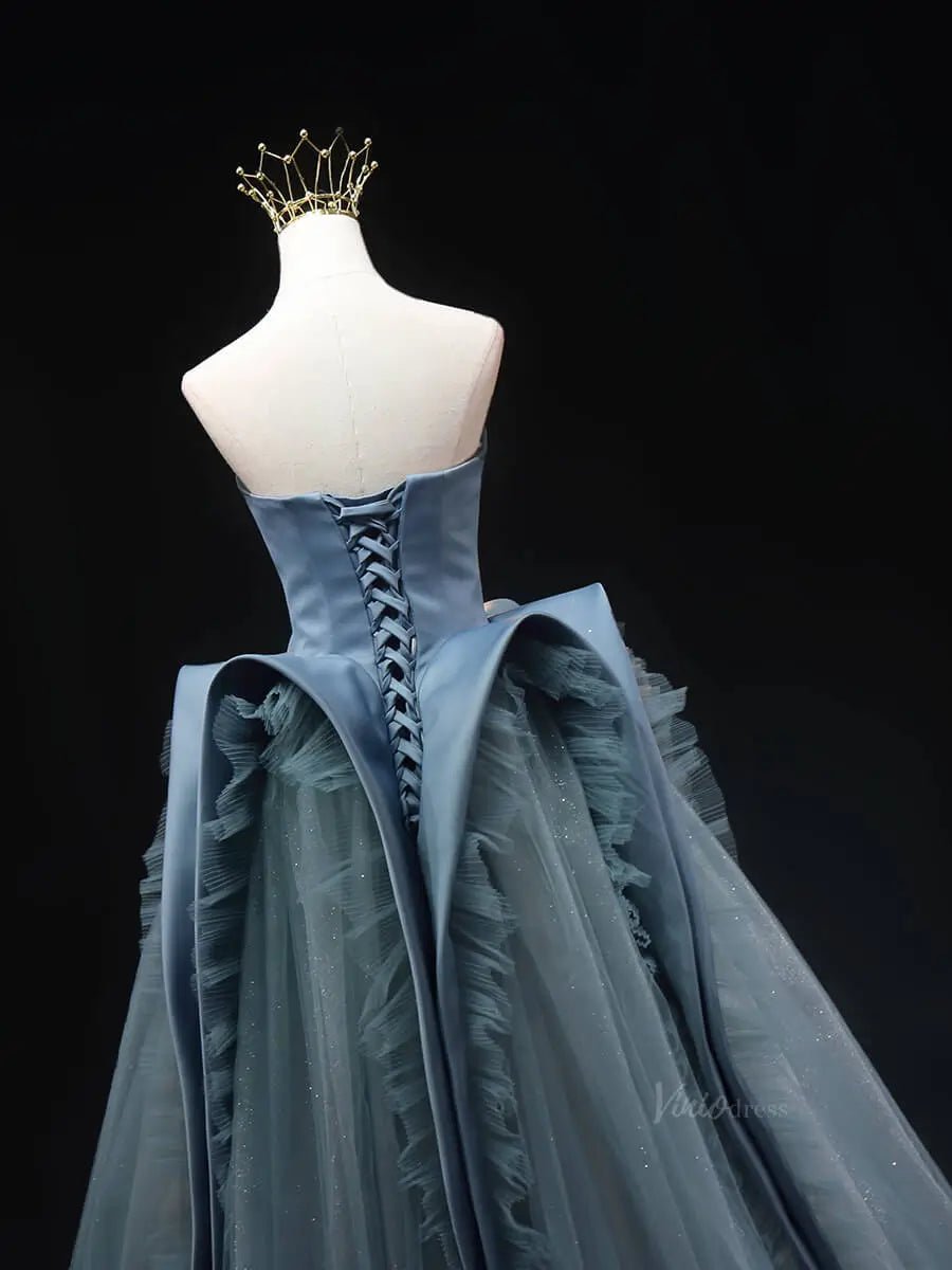 Dusty Blue Sparkly Tulle Prom Dresses Ruffled Strapless Formal Gown SU059-prom dresses 2025 -Viniodress-Blue-Custom Size-