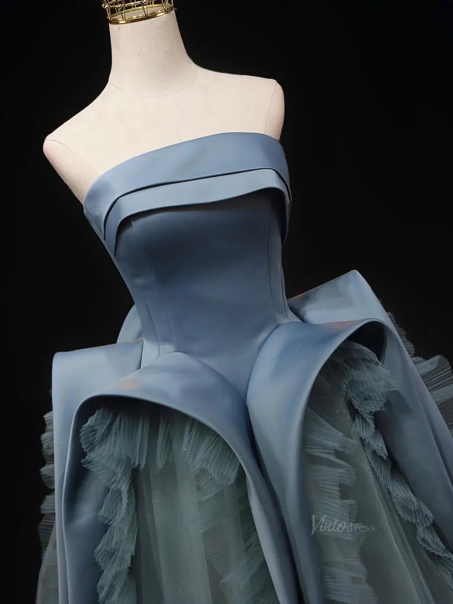 Dusty Blue Sparkly Tulle Prom Dresses Ruffled Strapless Formal Gown SU059-prom dresses 2025 -Viniodress-Blue-Custom Size-
