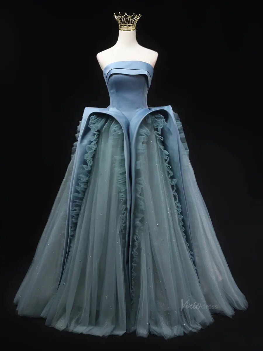 Dusty Blue Sparkly Tulle Prom Dresses Ruffled Strapless Formal Gown SU059-prom dresses 2025 -Viniodress-Blue-Custom Size-