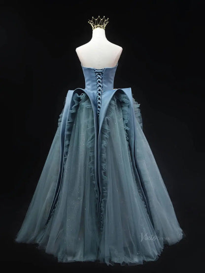 Dusty Blue Sparkly Tulle Prom Dresses Ruffled Strapless Formal Gown SU059-prom dresses 2025 -Viniodress-Blue-Custom Size-