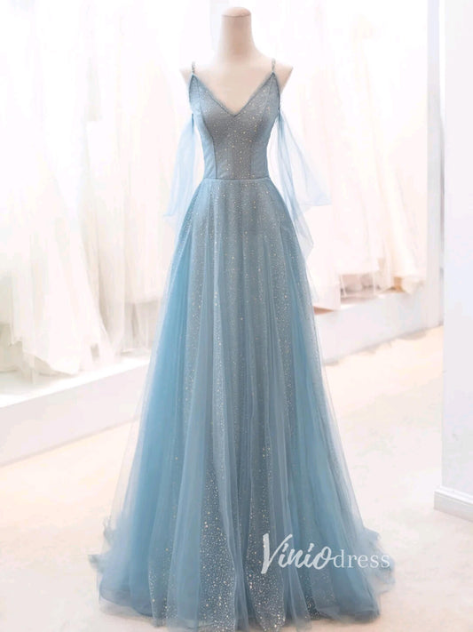 Dusty Blue Sparkly Tulle Prom Dresses Spaghetti Strap Evening Dress FD3429-prom dresses 2025 -Viniodress-Dusty Blue-Custom Size-