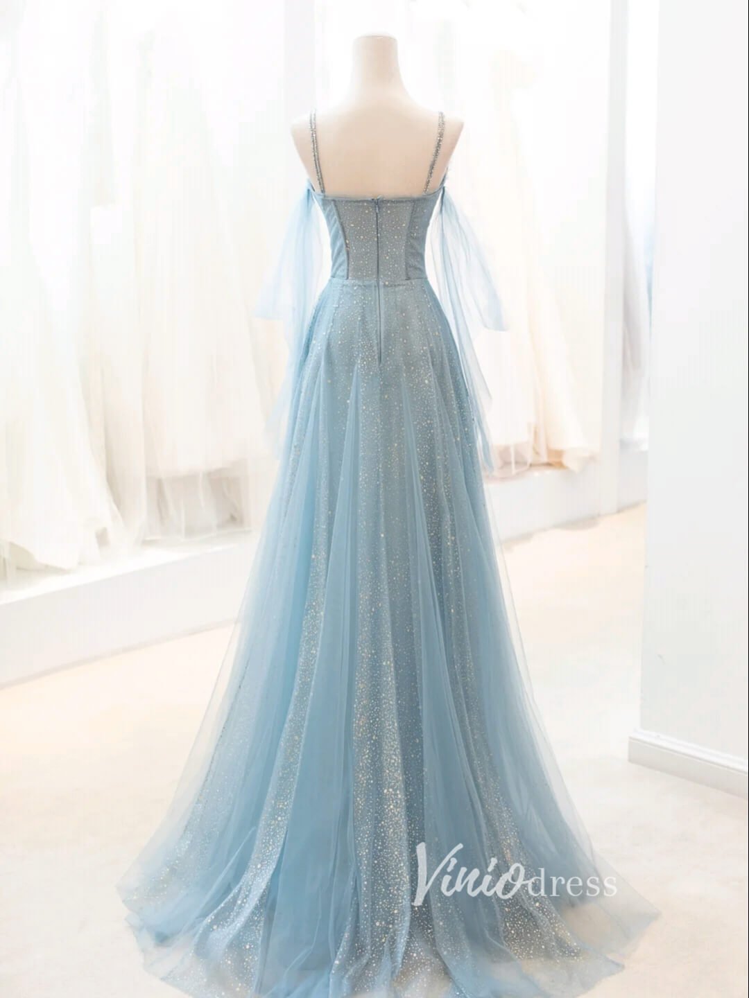 Dusty Blue Sparkly Tulle Prom Dresses Spaghetti Strap Evening Dress FD3429-prom dresses 2025 -Viniodress-Dusty Blue-Custom Size-