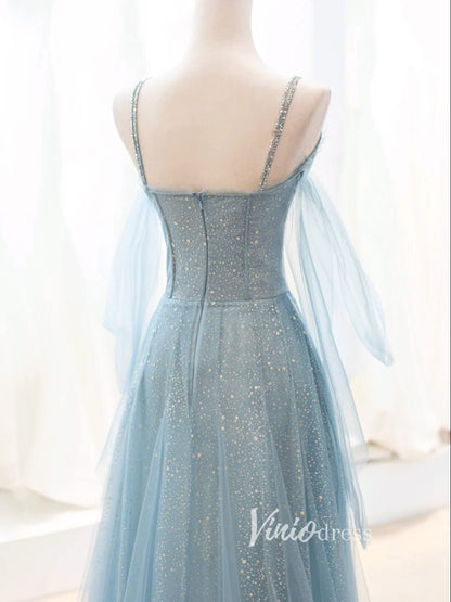 Dusty Blue Sparkly Tulle Prom Dresses Spaghetti Strap Evening Dress FD3429-prom dresses 2025 -Viniodress-Dusty Blue-Custom Size-