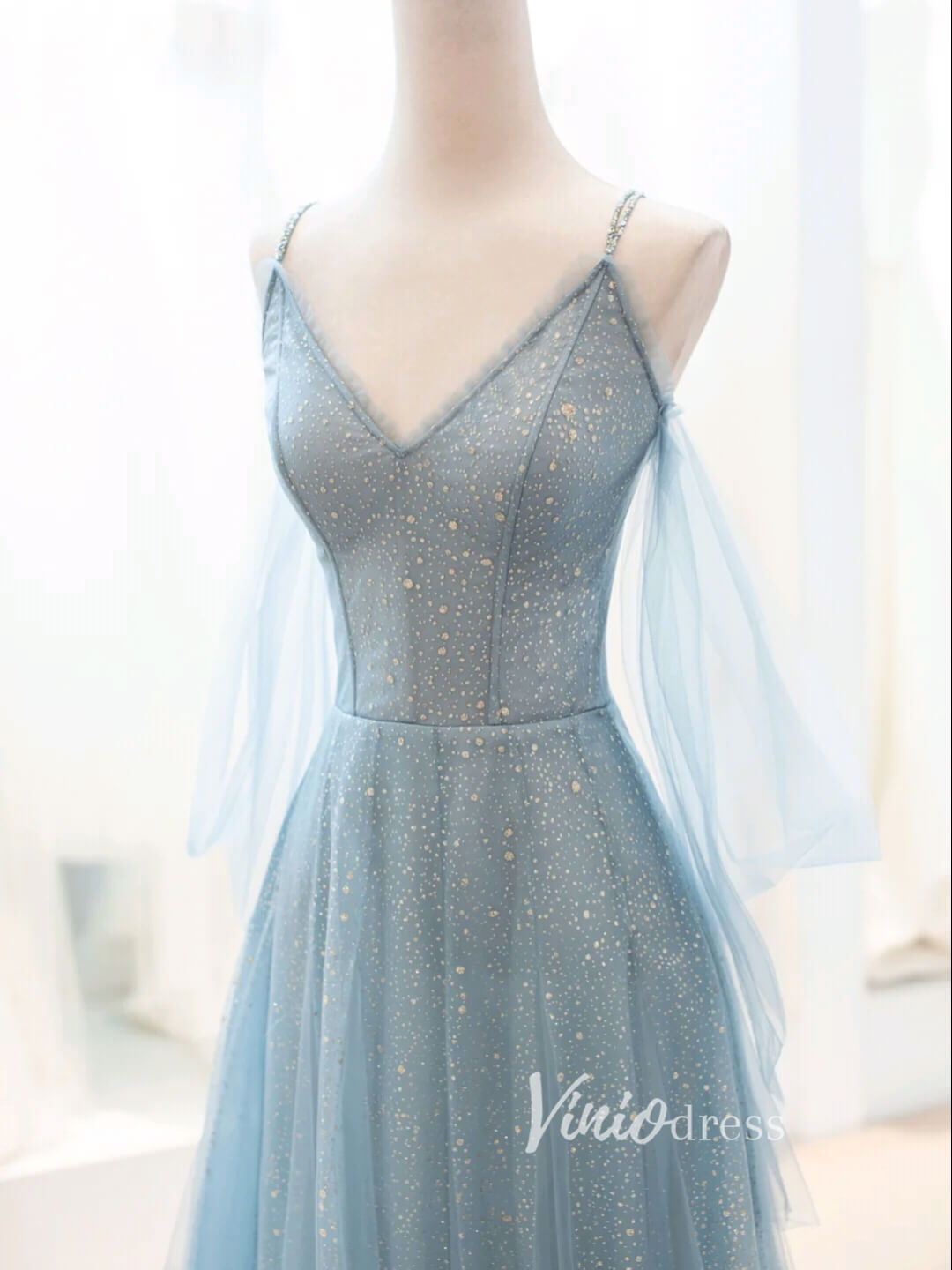 Prom Dress 2025 Dusty Blue Sparkly Tulle Prom Dresses Spaghetti Strap Evening Dress FD3429-unique prom dresses-Dusty Blue-Custom Size-Viniodress